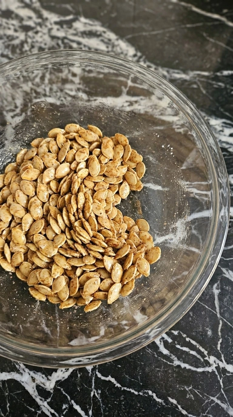 Coating pumpkin seeds with butter and cinnamon sugar for Cinnamon Sugar Roasted Pumpkin Seeds