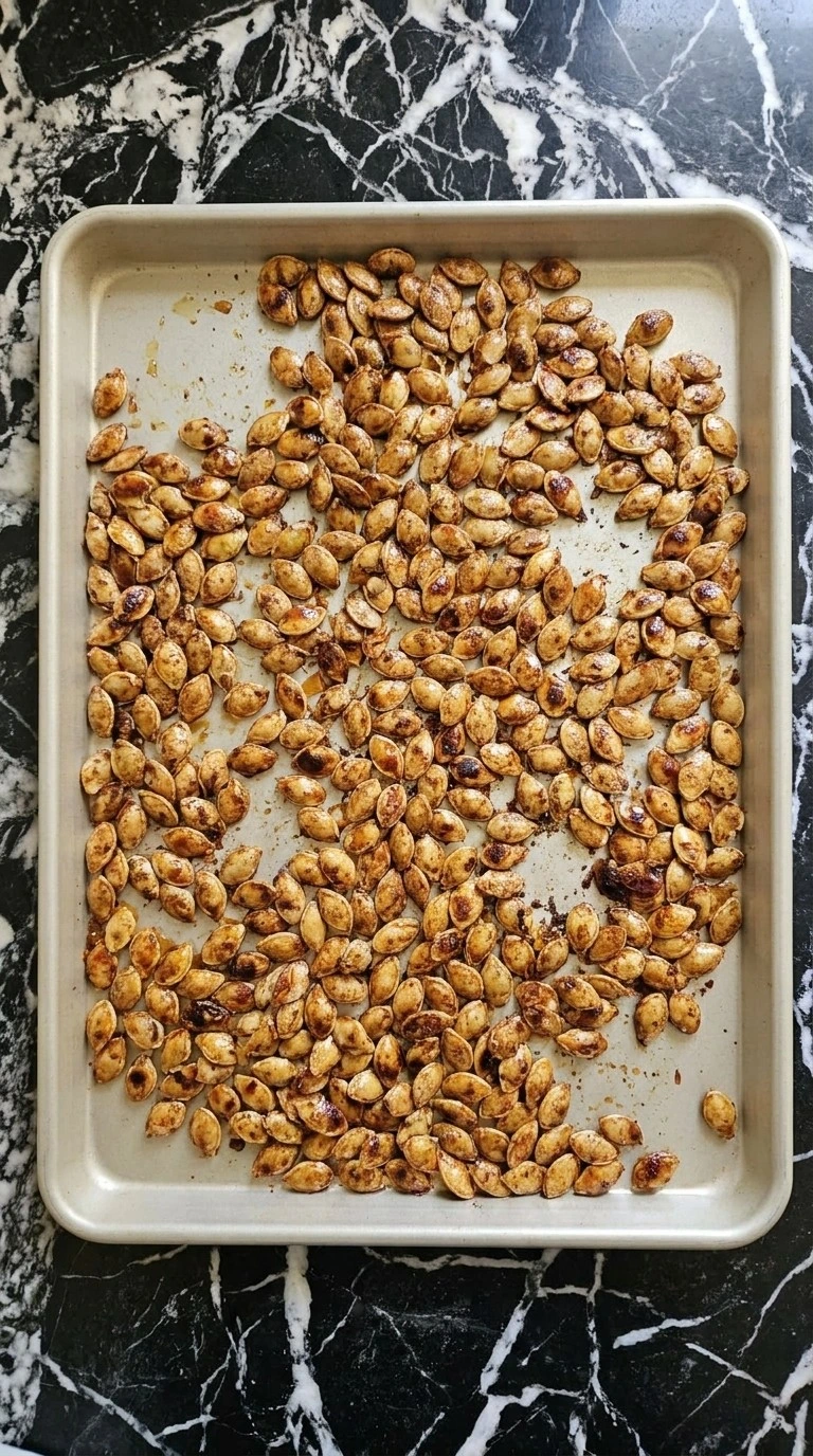 Golden amber Cinnamon Sugar Roasted Pumpkin Seeds roasting until crisp with darker caramelized edges