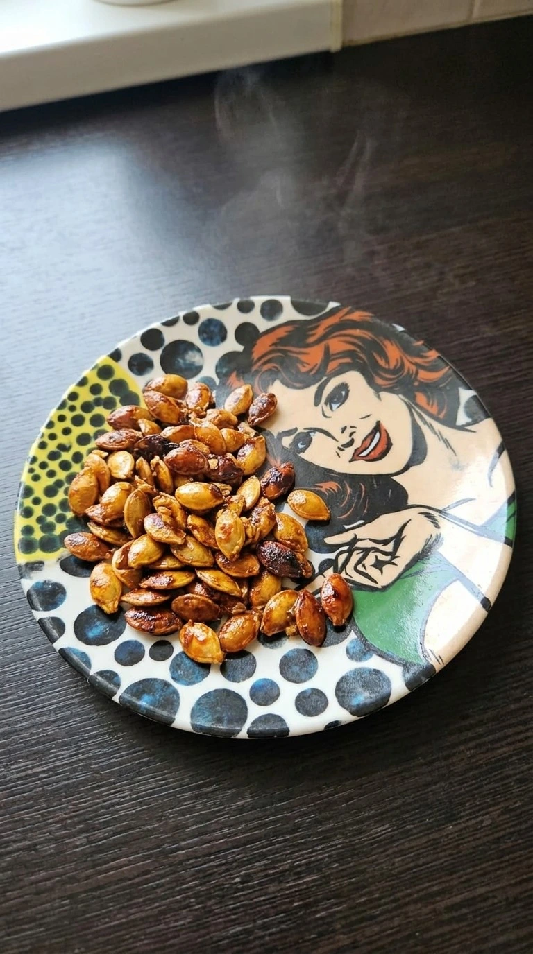 Finished Cinnamon Sugar Roasted Pumpkin Seeds cooled until crisp with a crackly caramelized coating