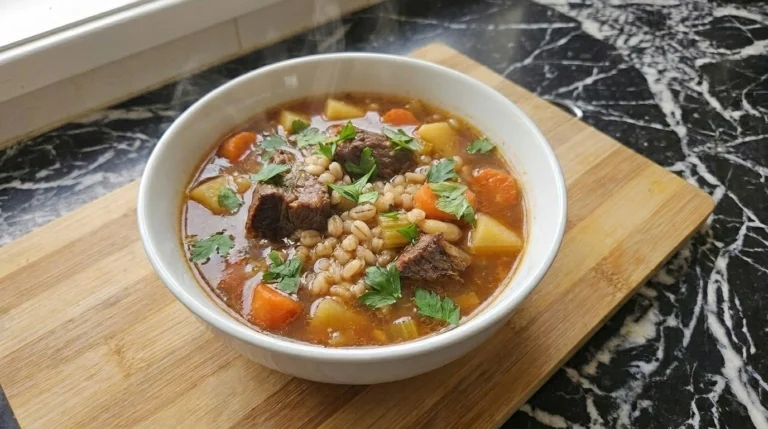 Crockpot Beef Barley Soup with tender beef, pearl barley, carrots, potatoes and parsley in rich brown broth Recipe focus: beef barley soup in crockpot.