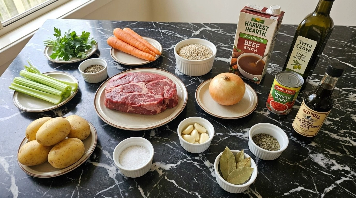 Crockpot Beef Barley Soup ingredients including beef chuck, pearl barley, carrots, Yukon Gold potatoes, celery and Recipe focus: beef barley soup in crockpot.