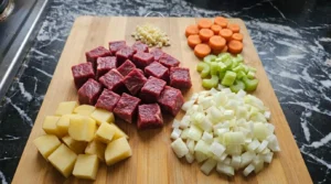 Cutting beef and vegetables for Crockpot Beef Barley Soup before slow cooking Recipe focus: beef barley soup in crockpot.