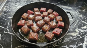 Searing beef chuck for Crockpot Beef Barley Soup until a dark amber crust forms Recipe focus: beef barley soup in crockpot.