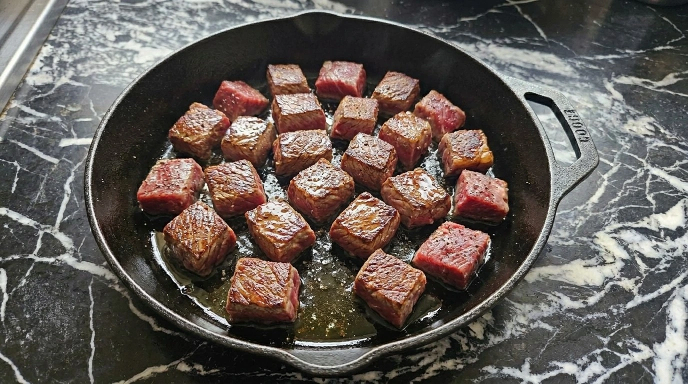 Searing beef chuck for Crockpot Beef Barley Soup until a dark amber crust forms Recipe focus: beef barley soup in crockpot.