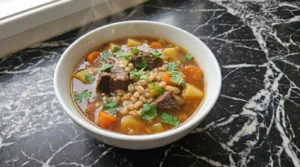 Finished Crockpot Beef Barley Soup with plump pearl barley, tender beef, carrots and potatoes Recipe focus: beef barley soup in crockpot.