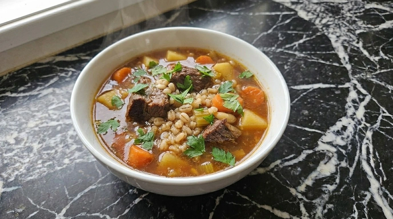 Finished Crockpot Beef Barley Soup with plump pearl barley, tender beef, carrots and potatoes Recipe focus: beef barley soup in crockpot.