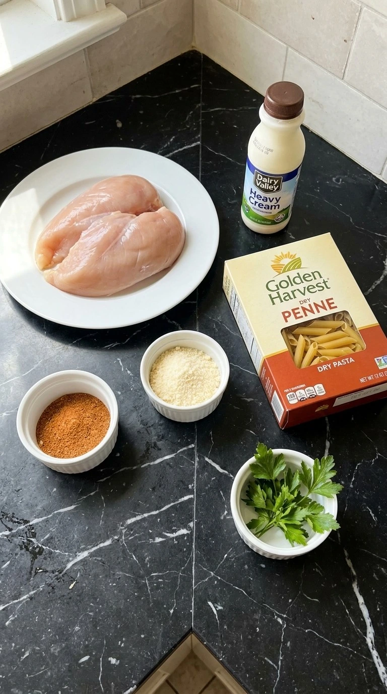 CrockPot Cajun Chicken Pasta ingredients including chicken pasta spices and cream Recipe focus: crockpot chicken pasta.