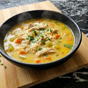 Crockpot Chicken and Rice Soup served in a black bowl with shredded chicken rice carrots celery and parsley. Recipe focus: chicken and rice soup crockpot.