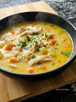 Crockpot Chicken and Rice Soup served in a black bowl with shredded chicken rice carrots celery and parsley. Recipe focus: chicken and rice soup crockpot.