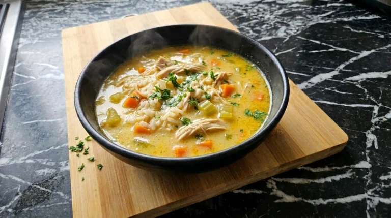 Crockpot Chicken and Rice Soup served in a black bowl with shredded chicken rice carrots celery and parsley. Recipe focus: chicken and rice soup crockpot.