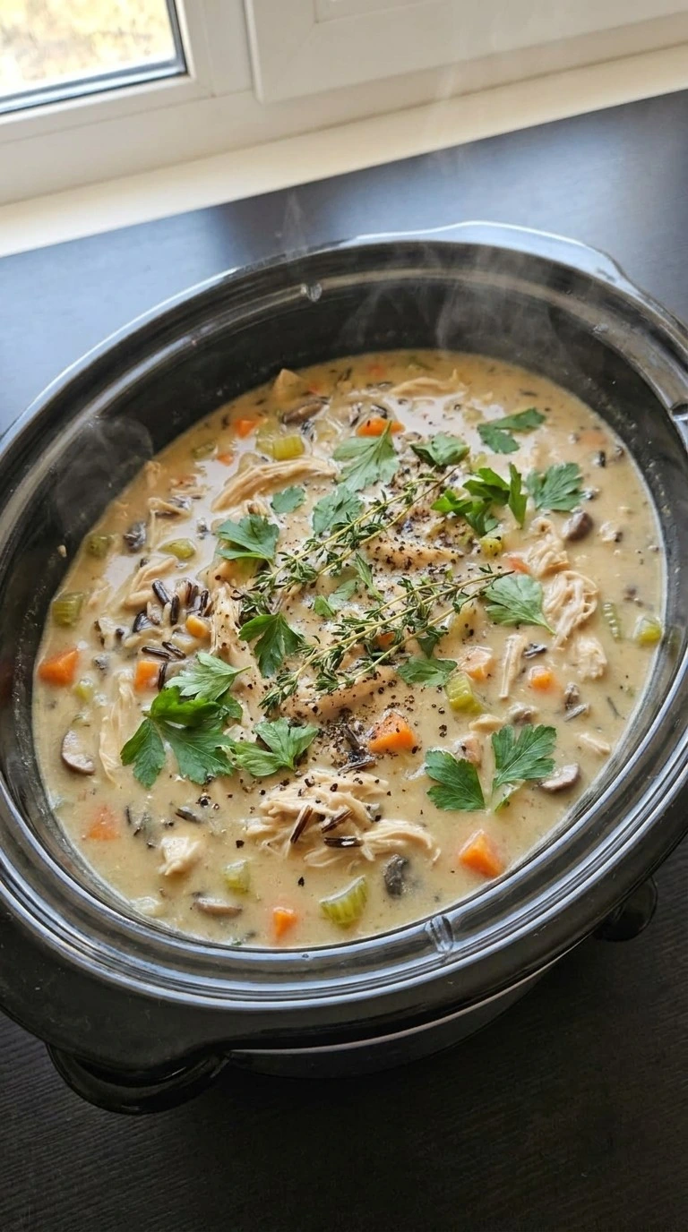Crockpot Chicken and Wild Rice Soup with shredded chicken, wild rice, carrots, celery and cremini mushrooms Recipe focus: chicken and wild rice soup crockpot.