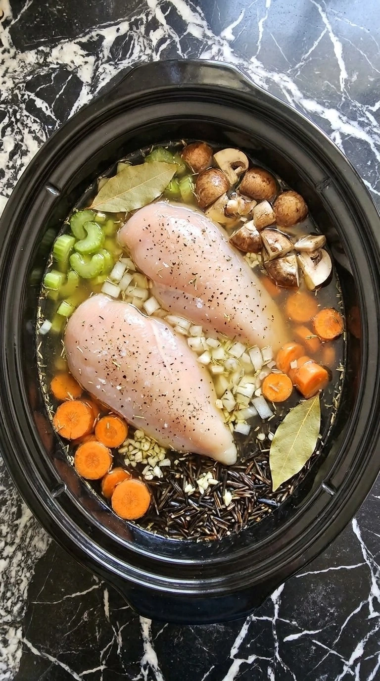 Layering chicken, wild rice and vegetables for Crockpot Chicken and Wild Rice Soup Recipe focus: chicken wild rice soup crockpot.