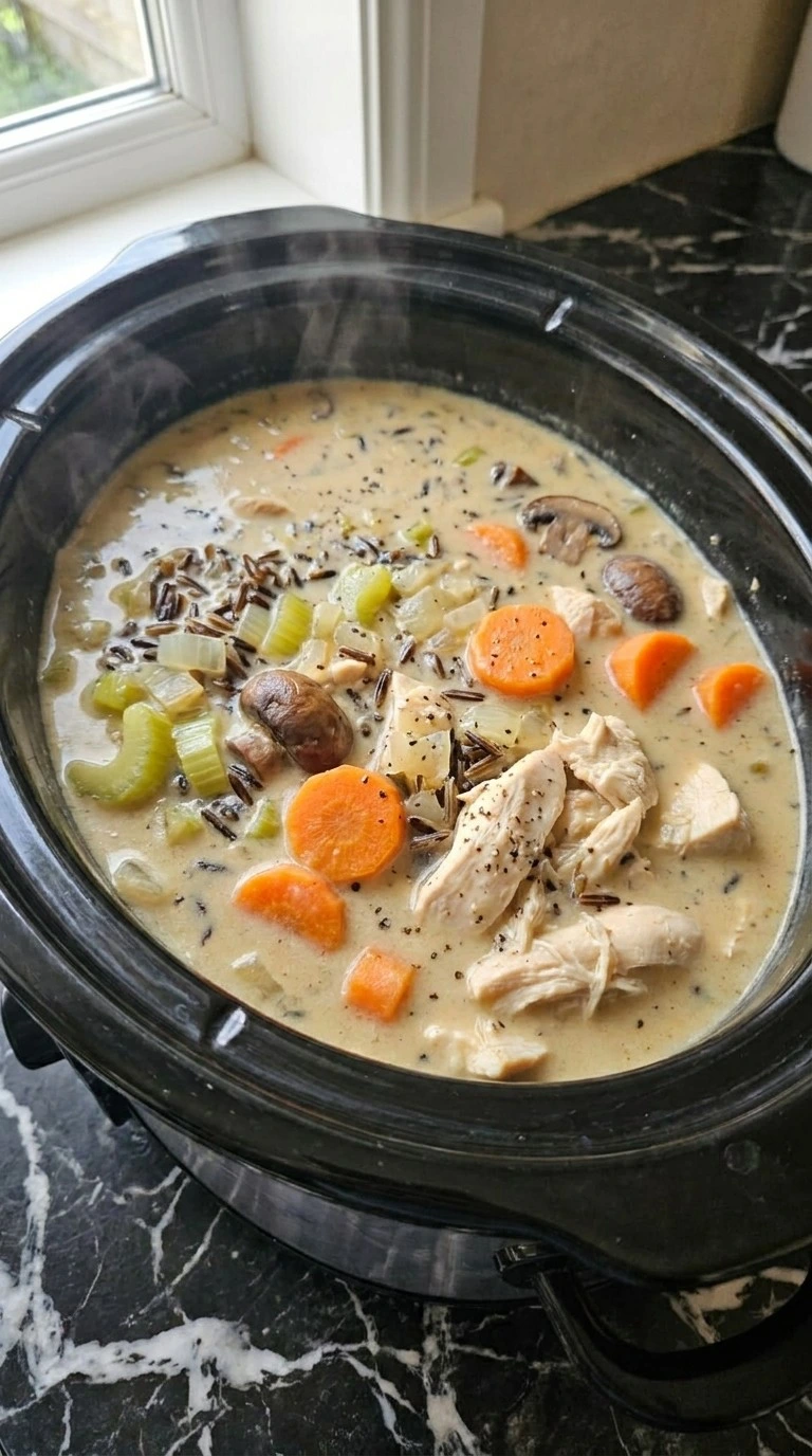 Creamy thickened Crockpot Chicken and Wild Rice Soup with chicken, mushrooms, carrots and wild rice Recipe focus: chicken and wild rice soup crockpot.