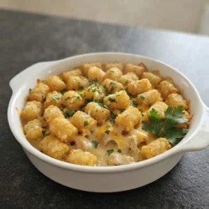CrockPot Chicken Tater Tot Casserole with golden crispy tater tots and creamy chicken filling Recipe focus: tater tot crockpot recipes.