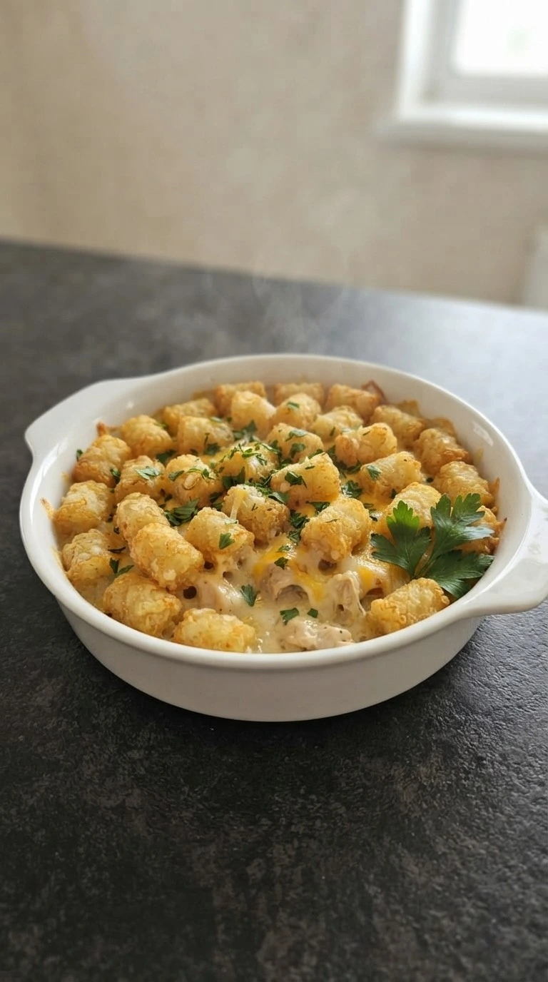 CrockPot Chicken Tater Tot Casserole with golden crispy tater tots and creamy chicken filling Recipe focus: tater tot crockpot recipes.