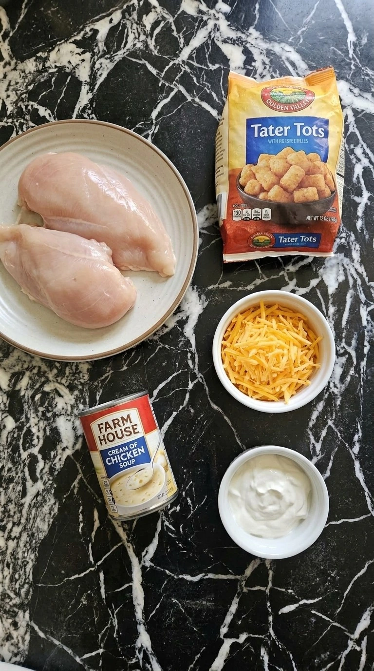 CrockPot Chicken Tater Tot Casserole ingredients arranged before cooking Recipe focus: cheesy chicken crockpot recipes.