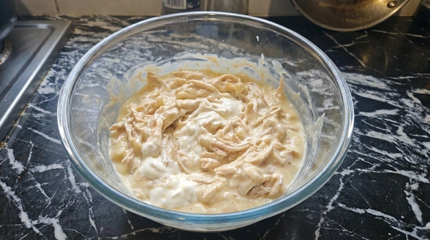 CrockPot Chicken Tater Tot Casserole creamy chicken filling being mixed Recipe focus: easy crockpot meals.