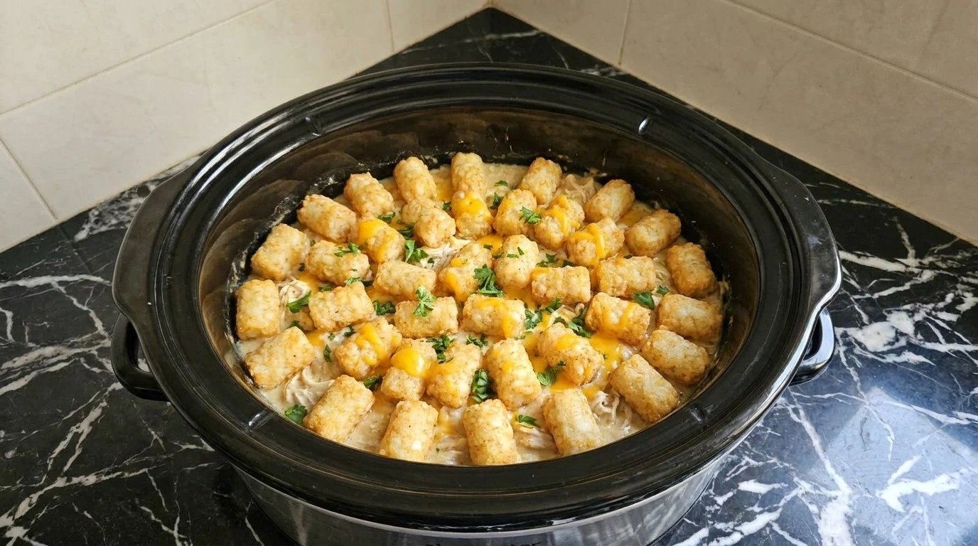 CrockPot Chicken Tater Tot Casserole layered with frozen tater tots Recipe focus: crock pot casserole recipes.