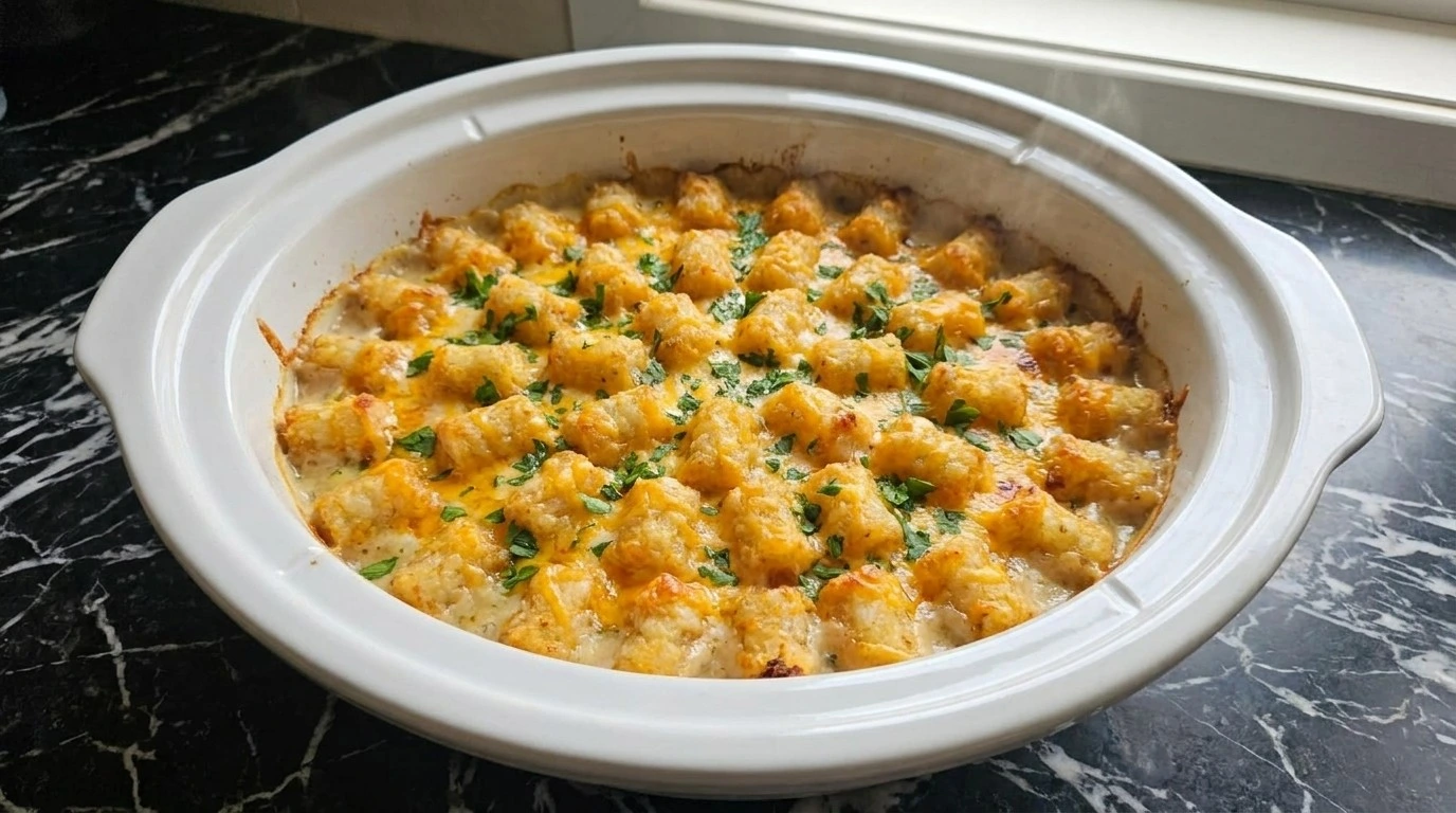 CrockPot Chicken Tater Tot Casserole slow cooking with melted cheese Recipe focus: fall crockpot recipes.