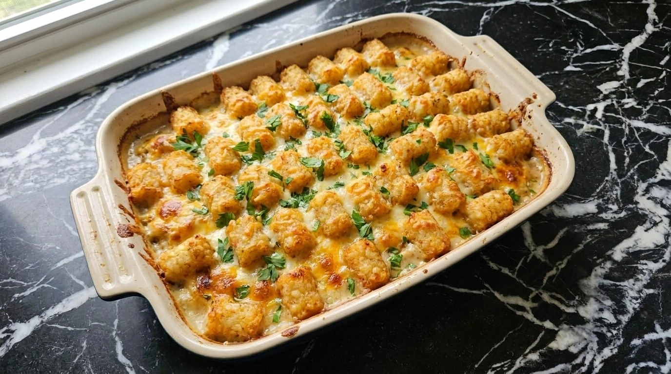 CrockPot Chicken Tater Tot Casserole with crispy golden topping Recipe focus: tater tot crockpot recipes.