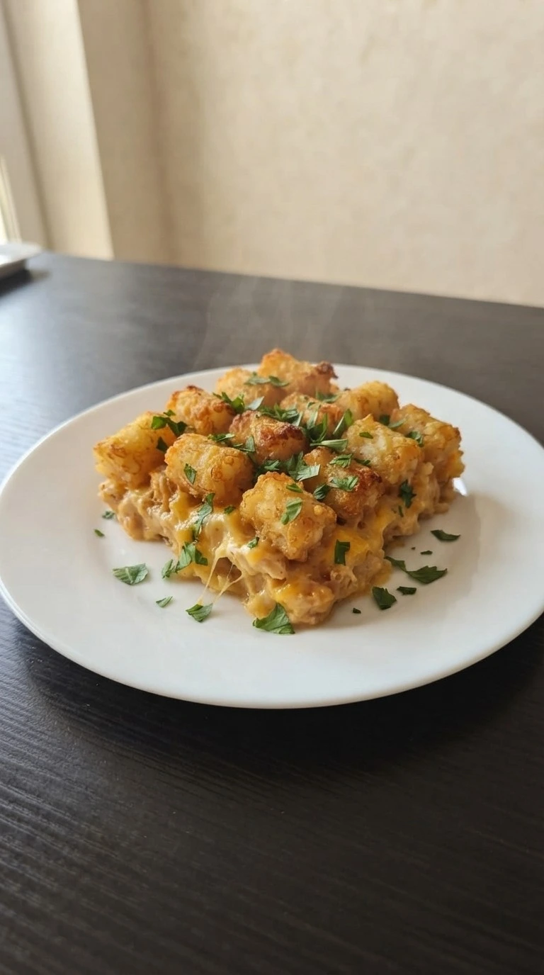 CrockPot Chicken Tater Tot Casserole served with crispy tots and creamy filling Recipe focus: tater tot crockpot recipes.