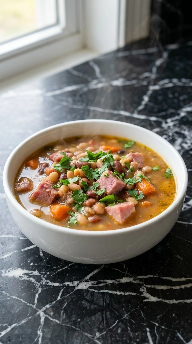 Crockpot Ham and Bean Soup with white beans, smoky ham, carrots and parsley in a golden broth Recipe focus: ham and bean soup recipes crockpot.