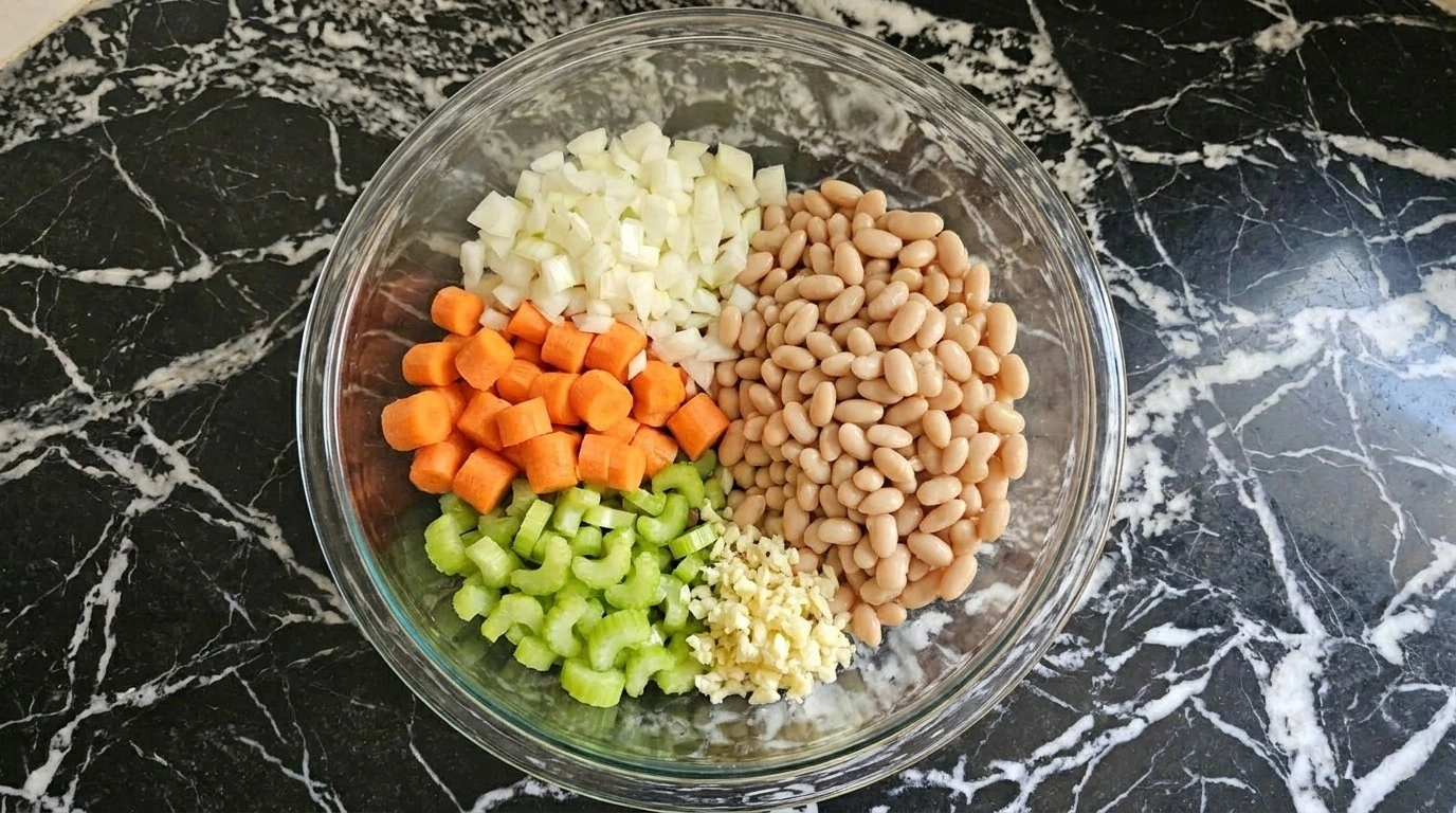 Crockpot Ham and Bean Soup prep with rinsed great northern beans and chopped carrots, celery, onion and garlic Recipe focus: 15 bean soup with ham.