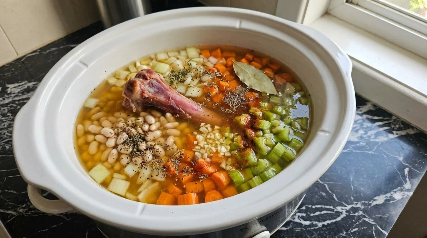 Crockpot Ham and Bean Soup beginning in the slow cooker with ham bone, beans, carrots and broth Recipe focus: bean and ham hock soup.