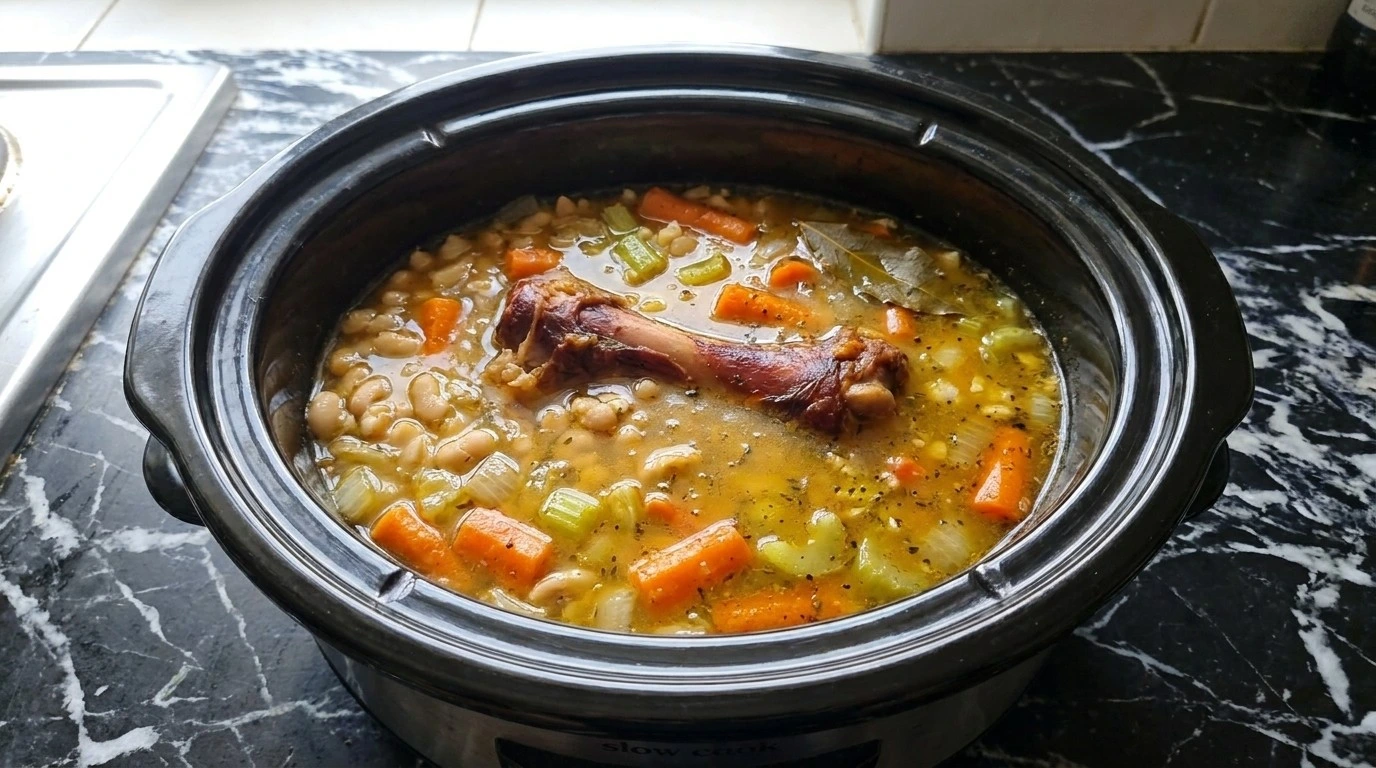 Crockpot Ham and Bean Soup with softened vegetables and mashed beans thickening the golden broth Recipe focus: slow cooker ham and bean soup.