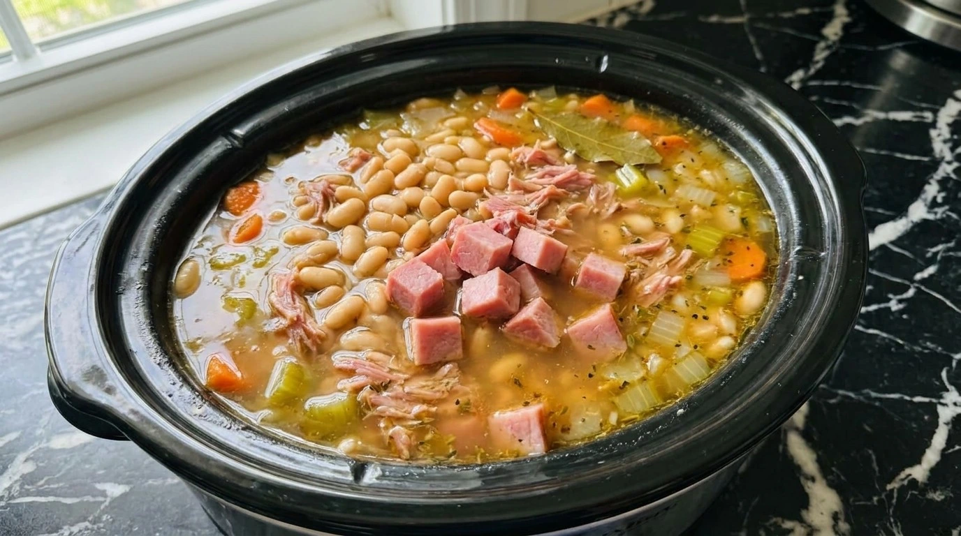 Crockpot Ham and Bean Soup with diced ham and remaining great northern beans stirred into thick broth Recipe focus: bean soup with ham bone.