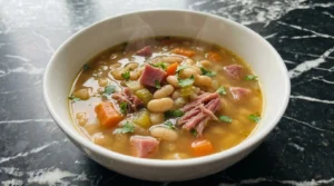 Crockpot Ham and Bean Soup served in a white bowl with smoky ham, white beans, carrots and parsley Recipe focus: ham and bean soup recipes crockpot.