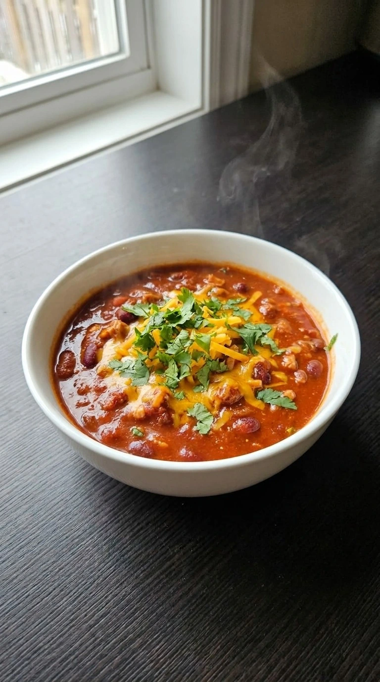Crockpot Healthy Chili with thick turkey chili, beans and toppings in a bowl Recipe focus: healthy chili recipe crockpot.