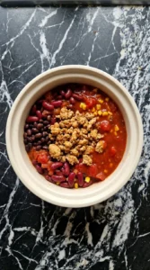 Crockpot Healthy Chili ingredients combined before slow cooking Recipe focus: vegetarian chili crock pot.