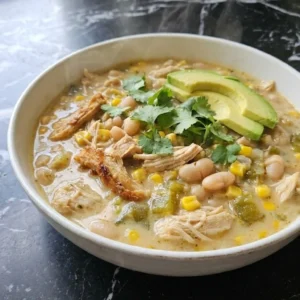 Crockpot Healthy White Chicken Chili in a white bowl with tender chicken beans and corn Recipe focus: healthy white chicken chili crockpot.
