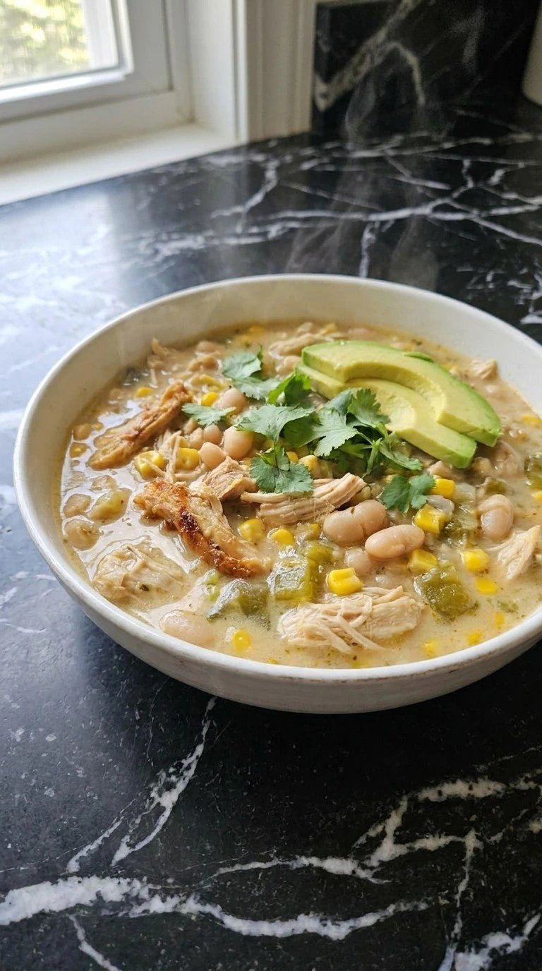 Crockpot Healthy White Chicken Chili in a white bowl with tender chicken beans and corn Recipe focus: healthy white chicken chili crockpot.