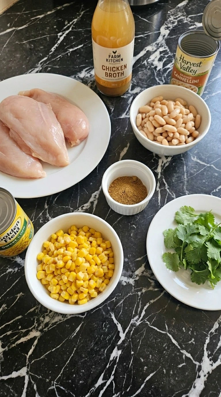 Crockpot Healthy White Chicken Chili ingredients with chicken beans corn and spices Recipe focus: best white chicken chili recipe.