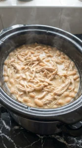 Crockpot Healthy White Chicken Chili shredded chicken mixing into creamy broth Recipe focus: easy white bean chicken chili.