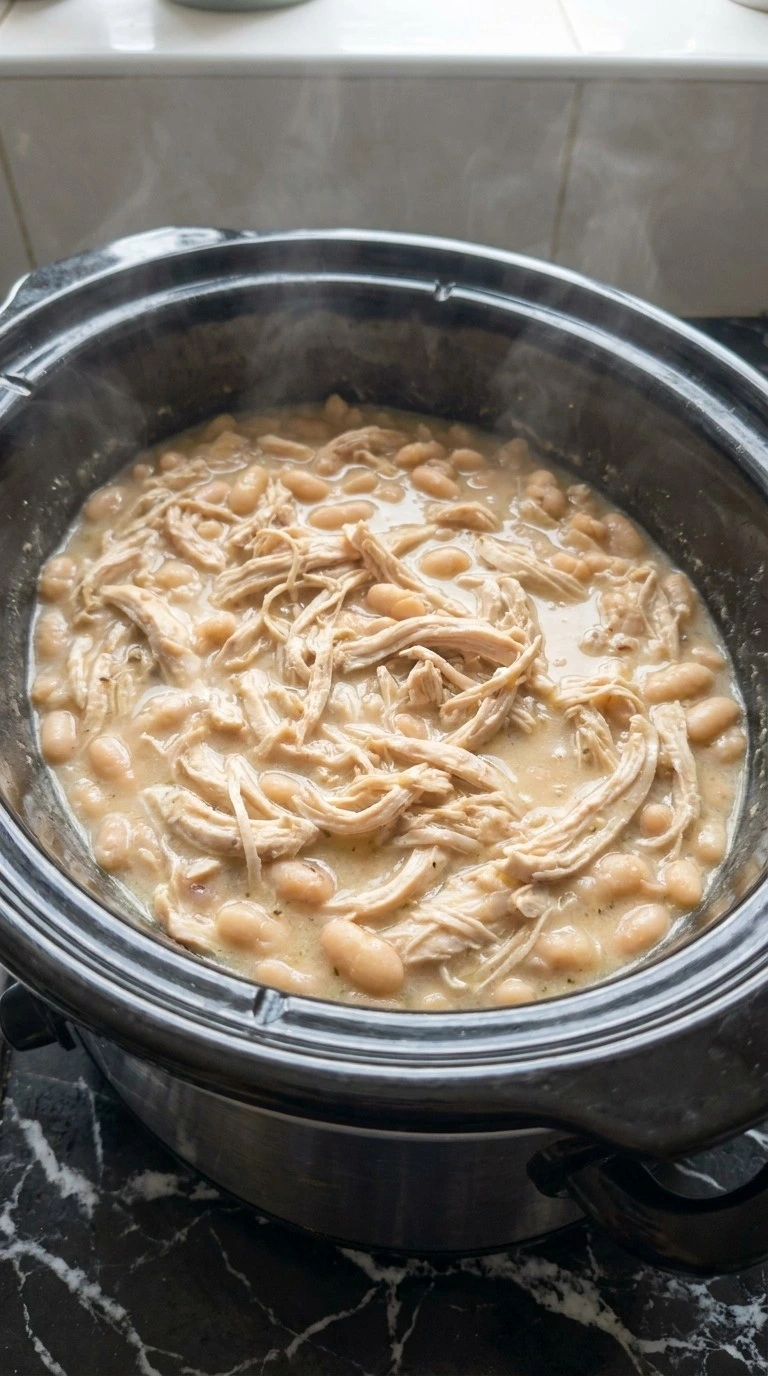Crockpot Healthy White Chicken Chili shredded chicken mixing into creamy broth Recipe focus: easy white bean chicken chili.