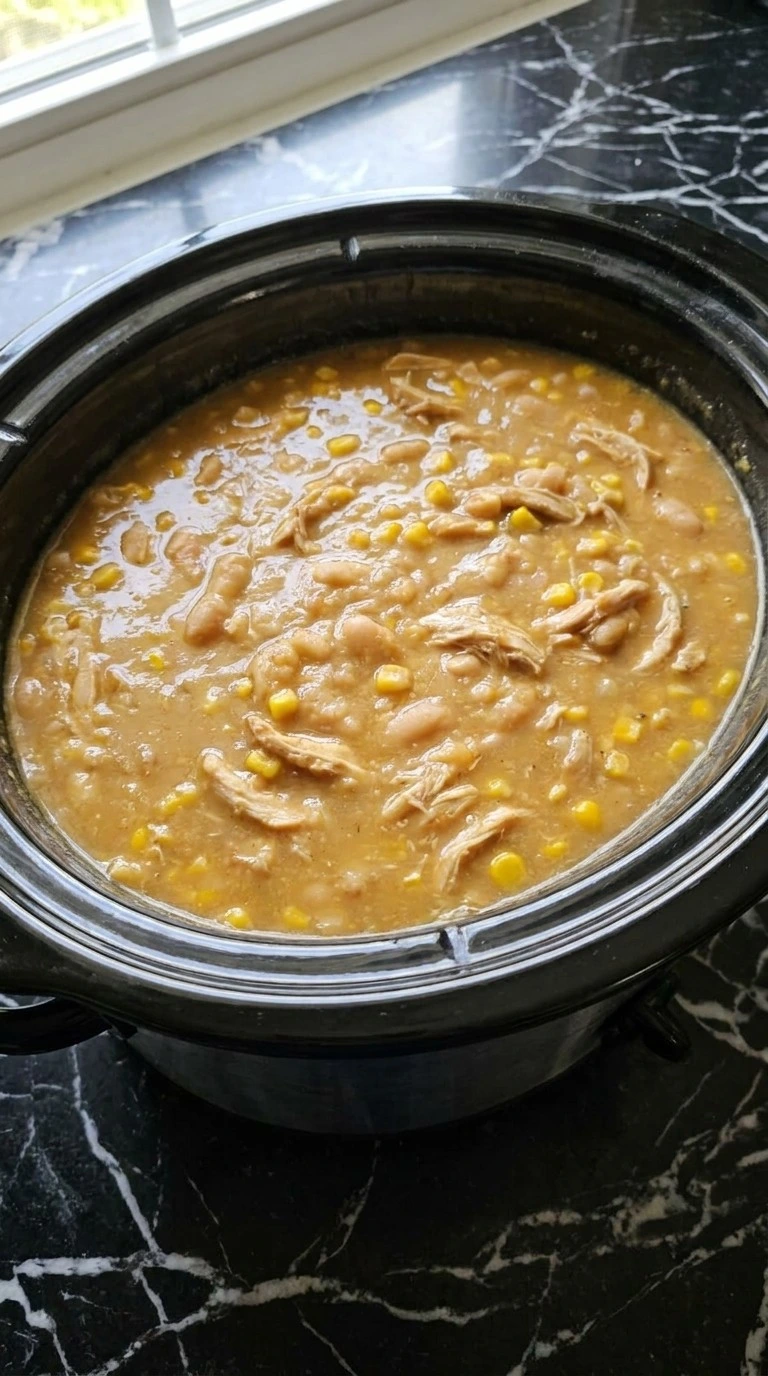 Crockpot Healthy White Chicken Chili thickened with mashed beans and shredded chicken Recipe focus: white chicken chili dairy free.