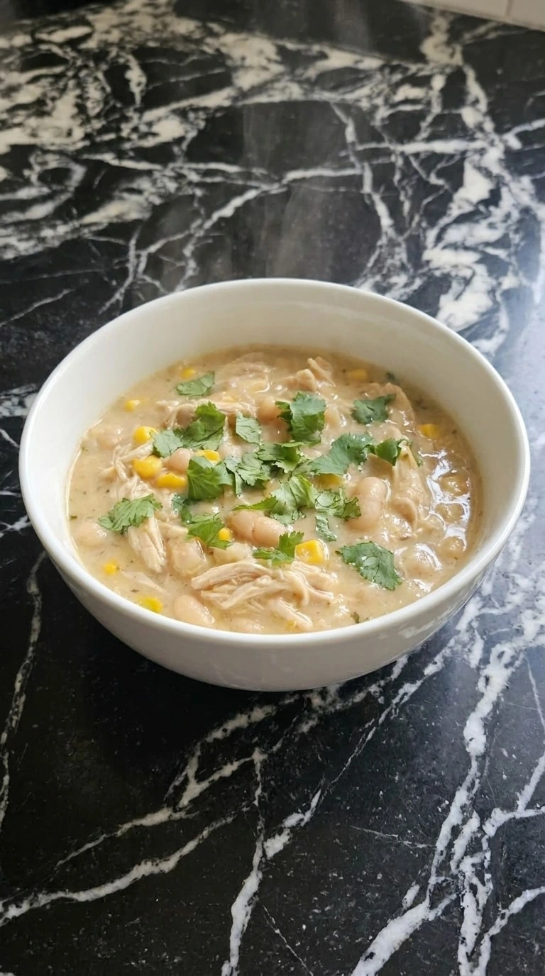 Crockpot Healthy White Chicken Chili final bowl with chicken beans and cilantro Recipe focus: dairy free white chicken chili.