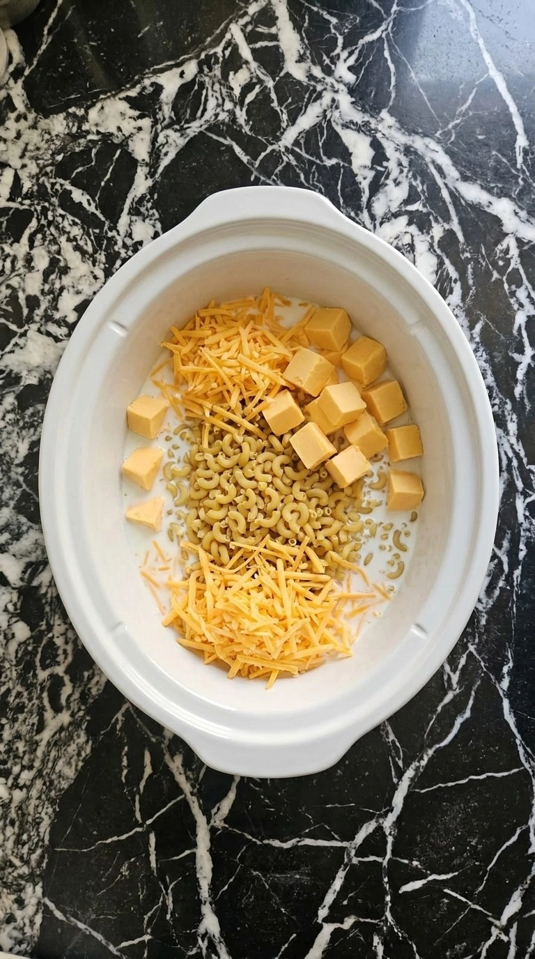 Crockpot Mac and Cheese Velveeta ingredients beginning to melt Recipe focus: supper ideas.