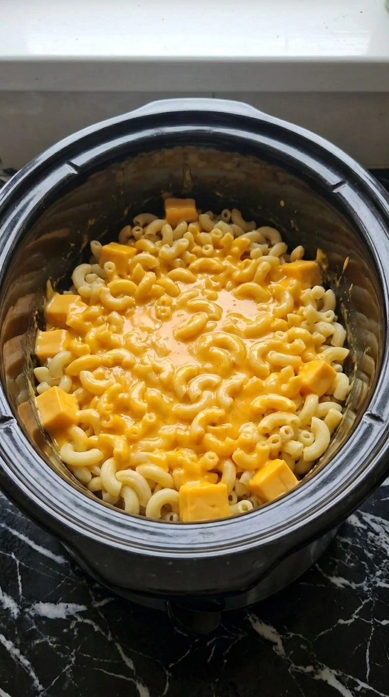 Crockpot Mac and Cheese Velveeta cheese sauce coating macaroni Recipe focus: easy lunch ideas.