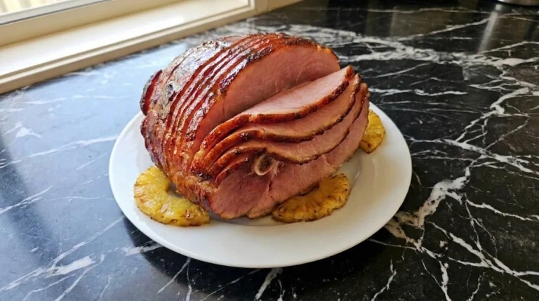 Crockpot Thanksgiving Ham with glossy glazed spiral slices on a serving plate Recipe focus: thanksgiving ham recipes crockpot.