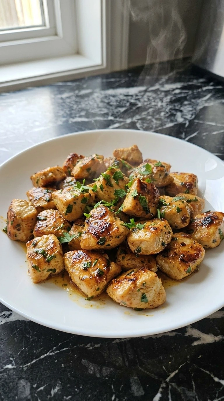 Easy Lemon Garlic Butter Chicken Bites with golden chicken pieces and lemon garlic butter coating Recipe focus: lemon garlic butter chicken thighs.