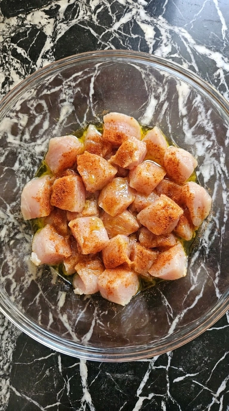Easy Lemon Garlic Butter Chicken Bites seasoned chicken pieces before searing Recipe focus: lemon garlic chicken thighs.