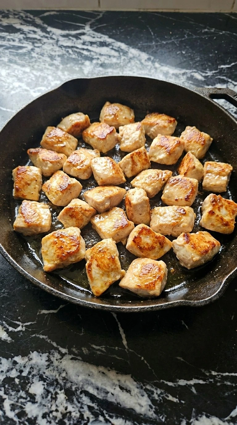 Easy Lemon Garlic Butter Chicken Bites searing with golden chicken pieces Recipe focus: honey garlic lemon pepper chicken thighs.