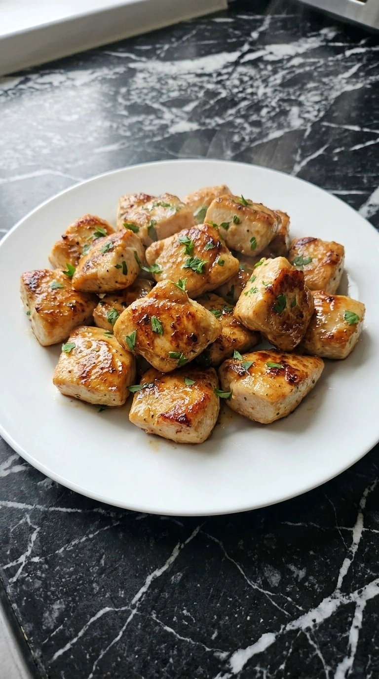 Easy Lemon Garlic Butter Chicken Bites plated with parsley and lemon garlic butter coating Recipe focus: lemon garlic butter chicken thighs.