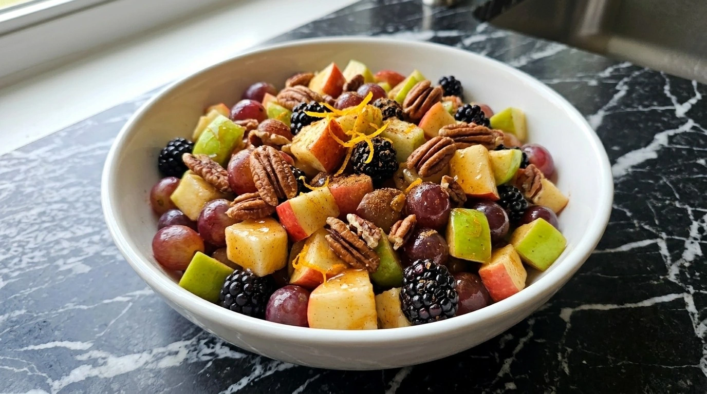 Fall Fruit Salad Thanksgiving Sides with apple cubes grapes blackberries and pecans