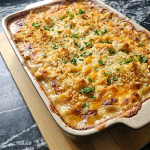 Friendsgiving Casserole By Joanna Gaines finished casserole with golden bread topping