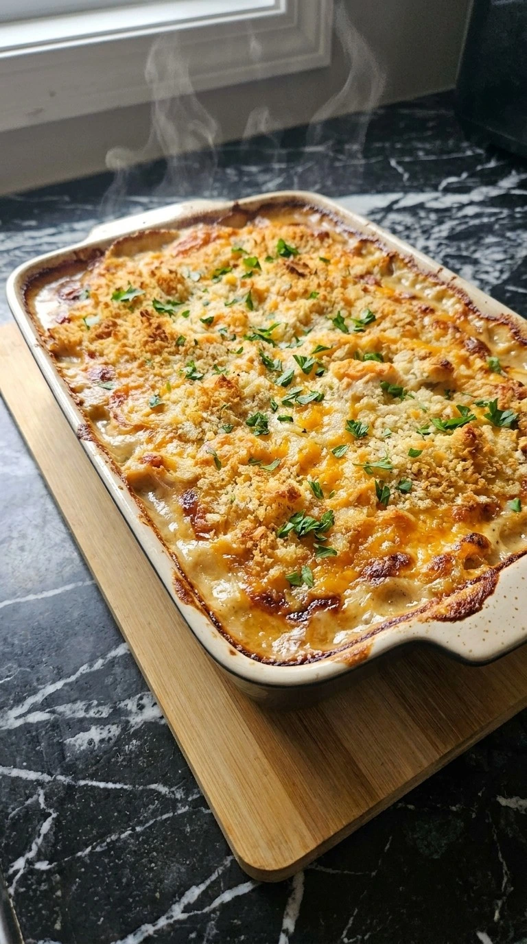 Friendsgiving Casserole By Joanna Gaines finished casserole with golden bread topping
